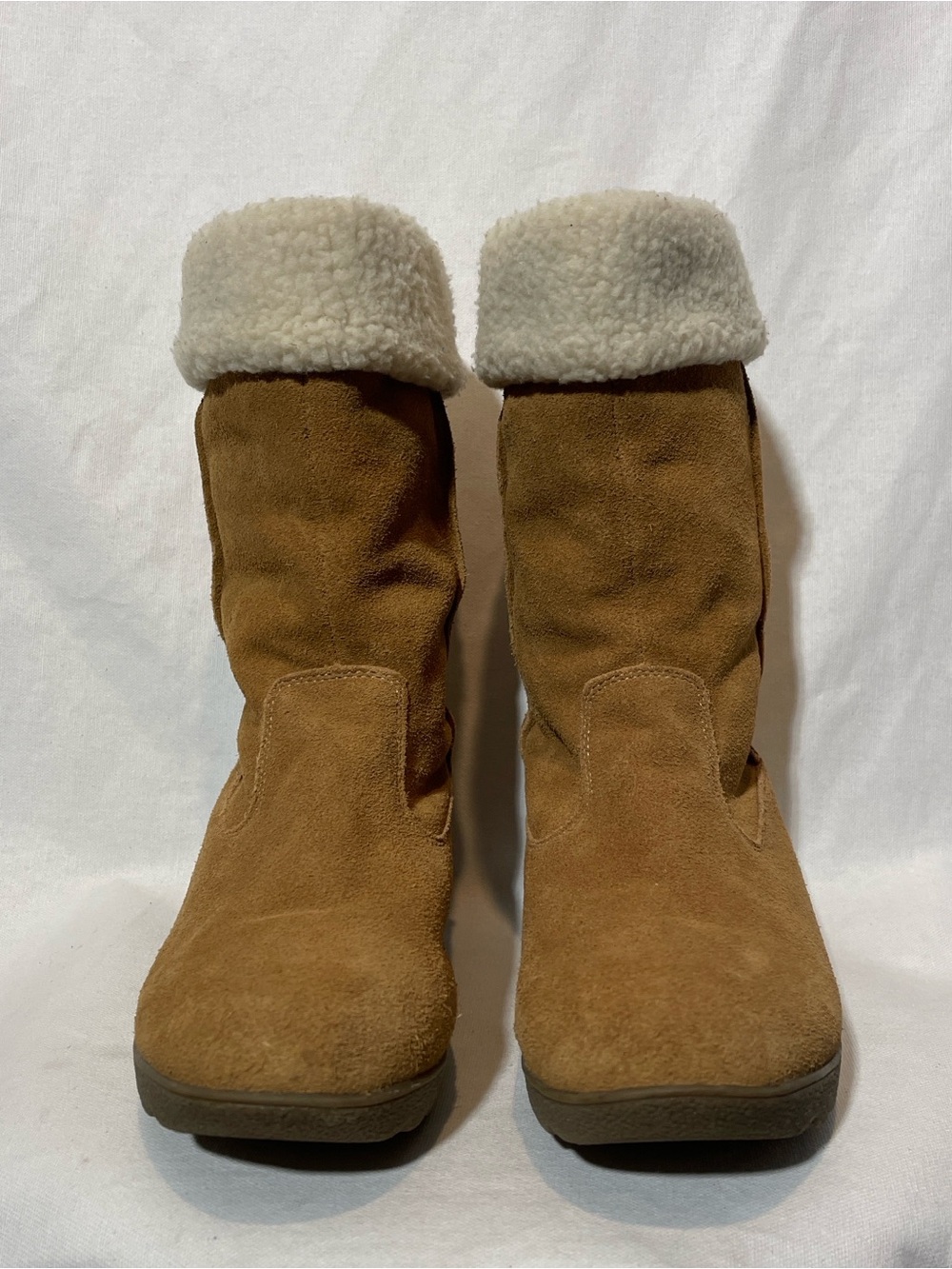 Lands’ End Suede Sherpa Wedge Boots Mid-Calf Tan
